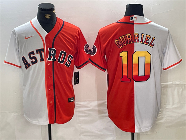 Men's Houston Astros #10 Joey Loperfido White/Orange Split With Patch Cool Base Stitched Baseball Jersey